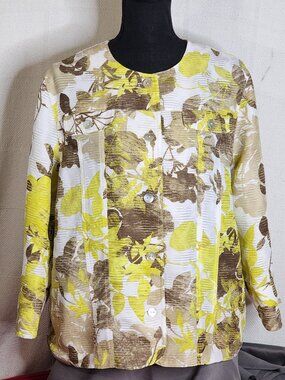 Alfred Dunner Citron Yellow Brown Floral Pearlized Button Up Textured Shacket 16
